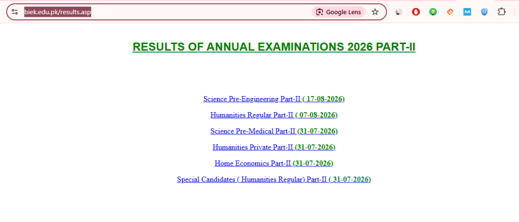 HSC Part 2 General Science Result 2026 BIEK Karachi