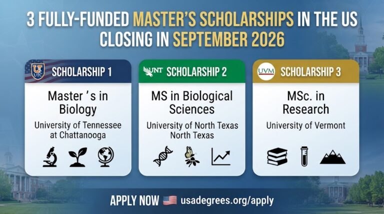 3 Fully-Funded MSc, MS and Master’s Scholarships in the US Closing in September 2026