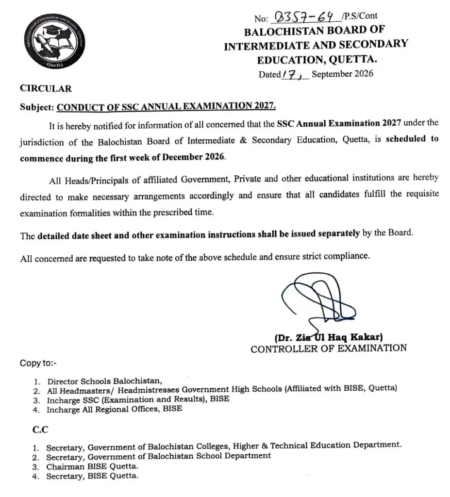 BISE Quetta SSC Annual Exams